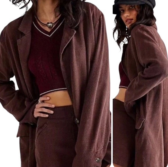 Free People Misha Linen Blend Oversized Chocolate Lava Blazer Jacket Size 6 - Picture 3 of 16